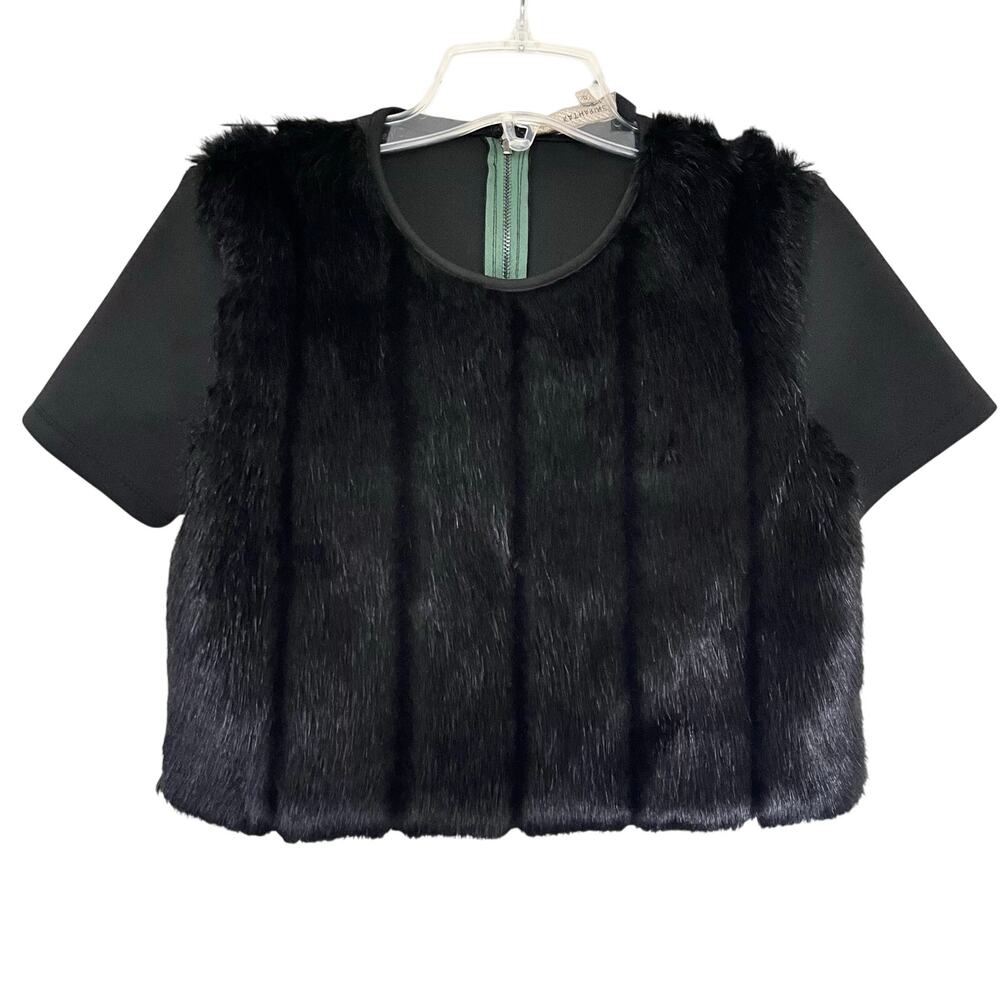 Katharine Kidd Black Scuba Faux Fur Short Sleeve Crewneck Crop Top Size 0